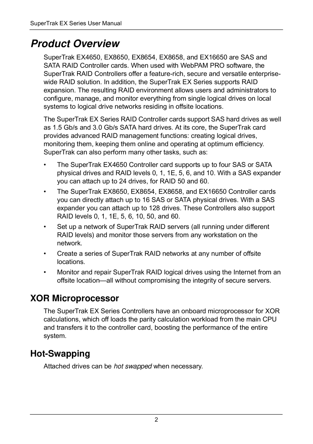 Promise Technology EX8658, EX8654, EX8650, EX4650 manual Product Overview, XOR Microprocessor, Hot-Swapping 