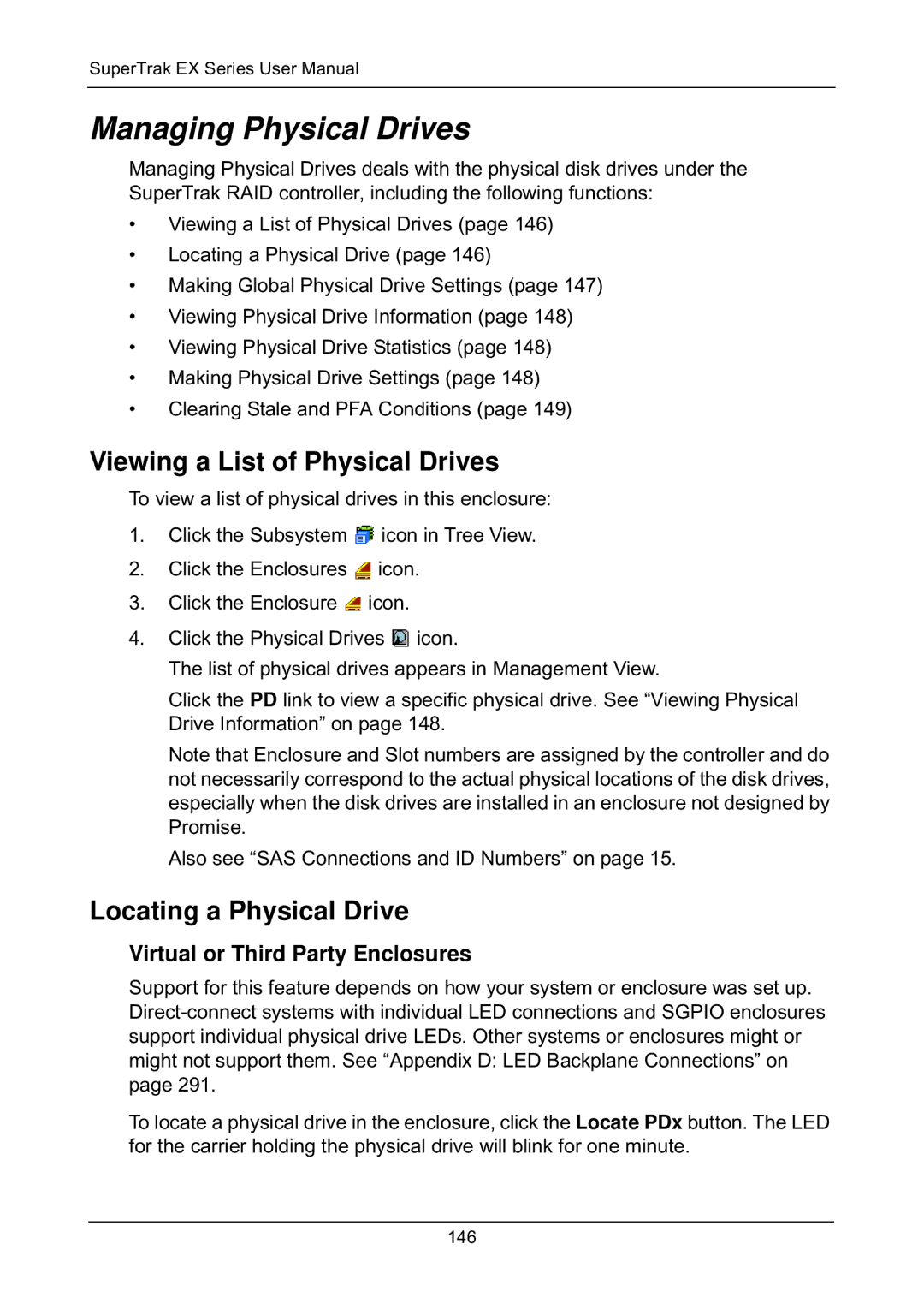 Promise Technology EX8658 Viewing a List of Physical Drives, Locating a Physical Drive, Virtual or Third Party Enclosures 