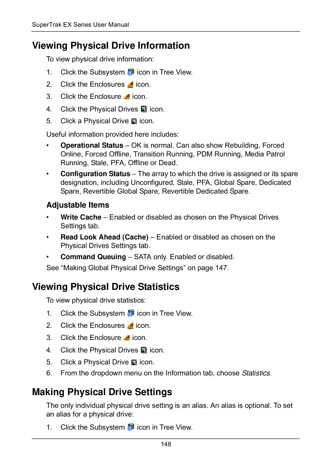 Promise Technology EX8650, EX8658 manual Viewing Physical Drive Statistics, Making Physical Drive Settings, Adjustable Items 