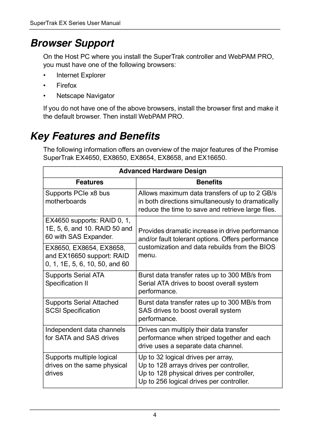 Promise Technology EX8650, EX8658 Browser Support, Key Features and Benefits, Advanced Hardware Design, Features Benefits 