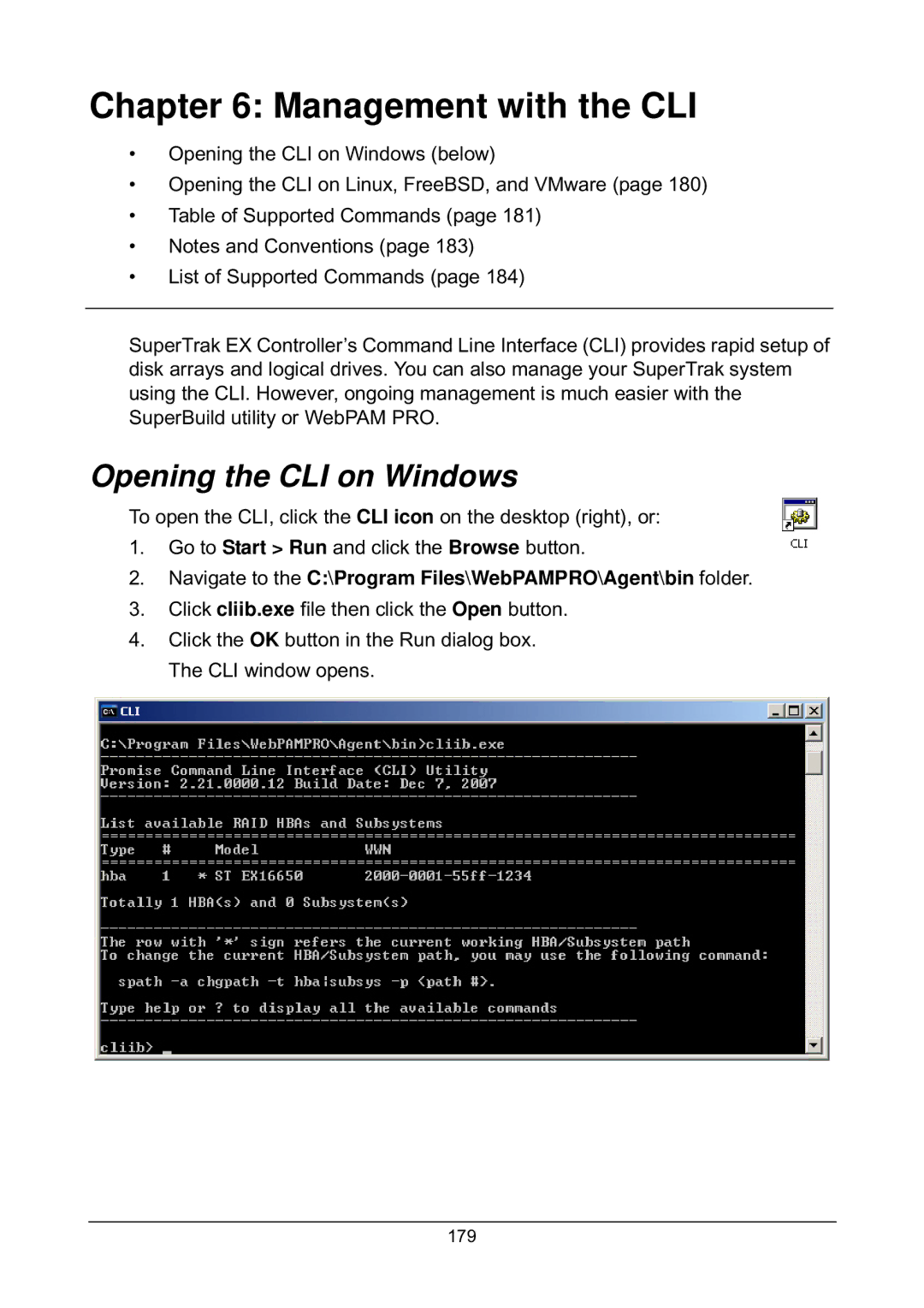 Promise Technology EX8654, EX8658 Opening the CLI on Windows, Navigate to the C\Program Files\WebPAMPRO\Agent\bin folder 