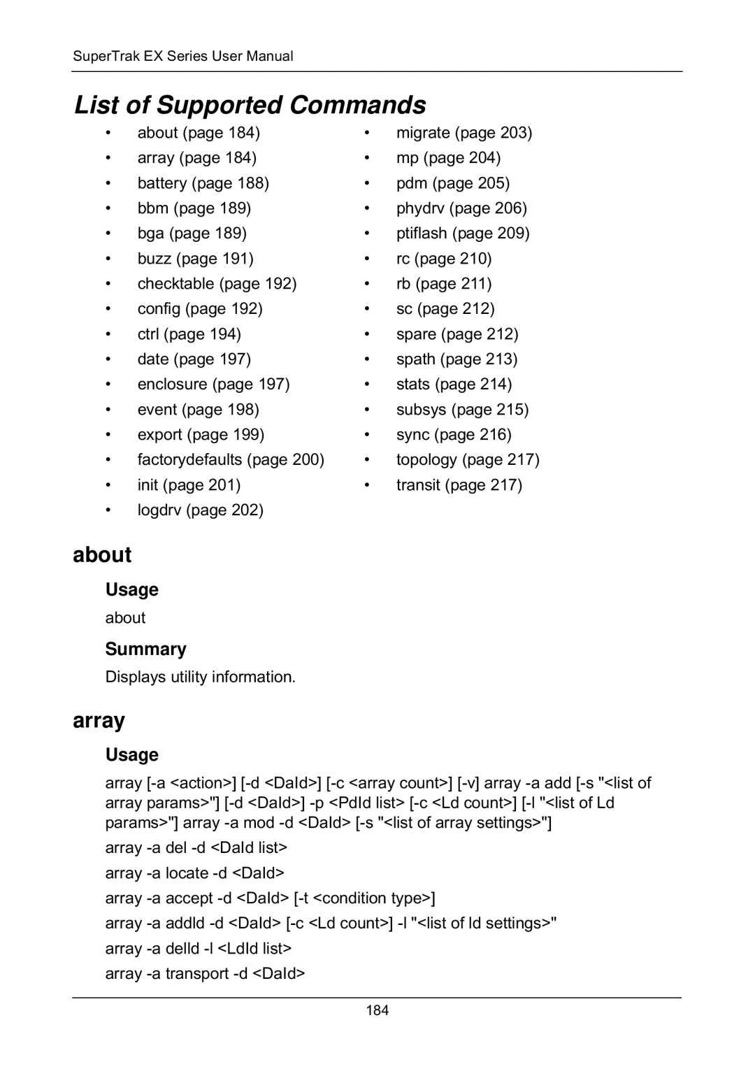 Promise Technology EX8650, EX8658, EX8654, EX4650 manual List of Supported Commands, About, Array, Usage, Summary 