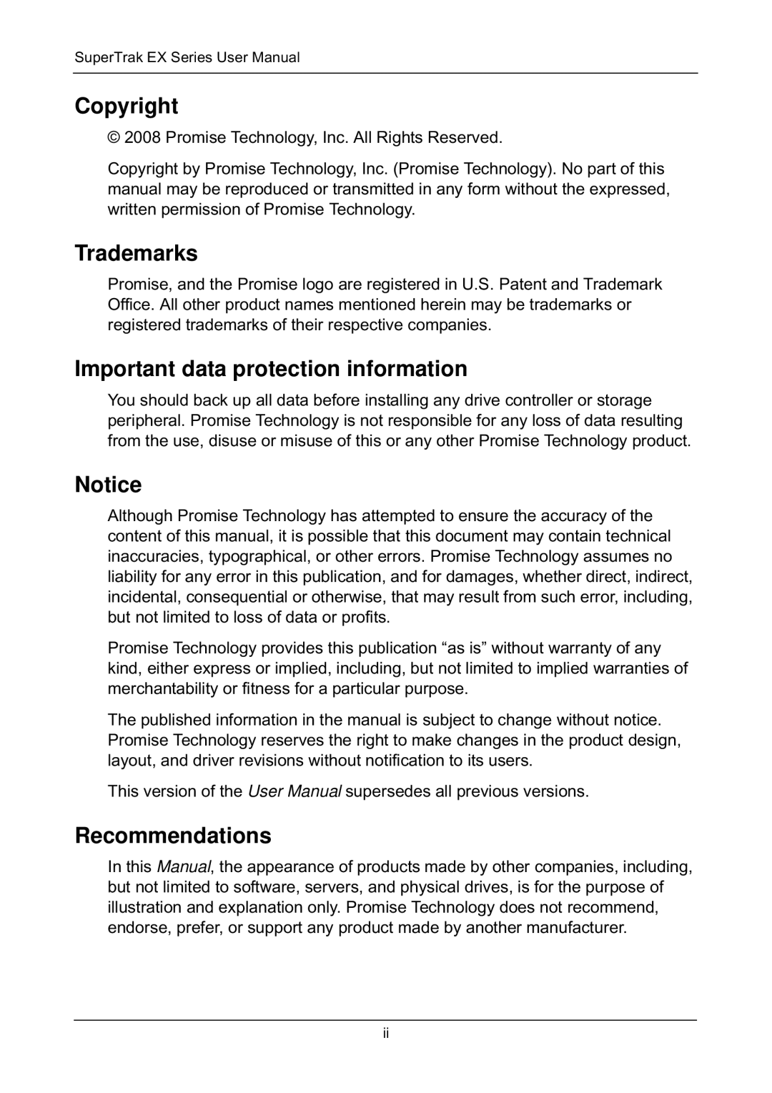 Promise Technology EX8650, EX8658, EX8654 Copyright, Trademarks, Important data protection information, Recommendations 