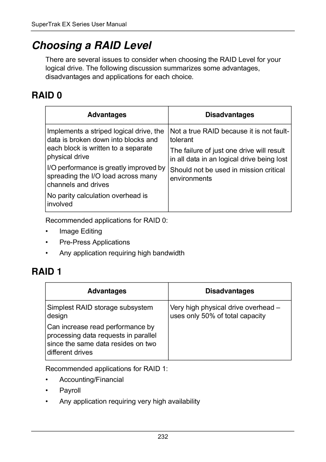 Promise Technology EX8650, EX8658, EX8654, EX4650 manual Choosing a RAID Level, Advantages Disadvantages 