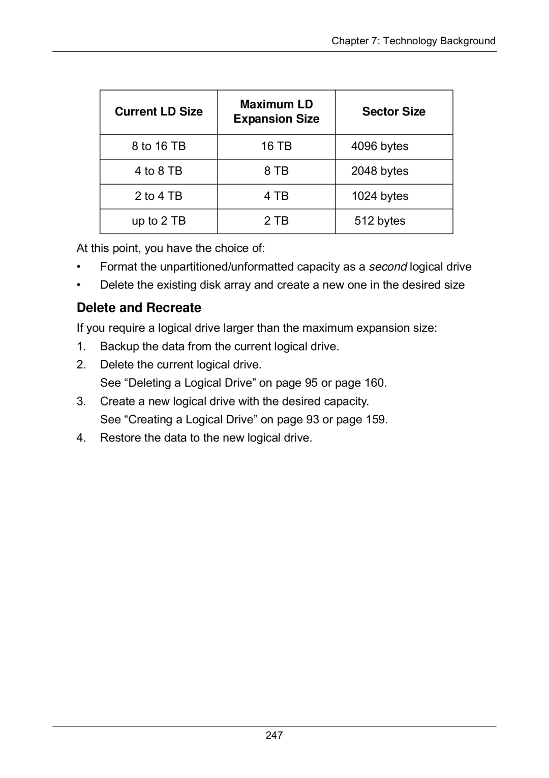 Promise Technology EX8654, EX8658, EX8650, EX4650 Delete and Recreate, Current LD Size Maximum LD Sector Size Expansion Size 