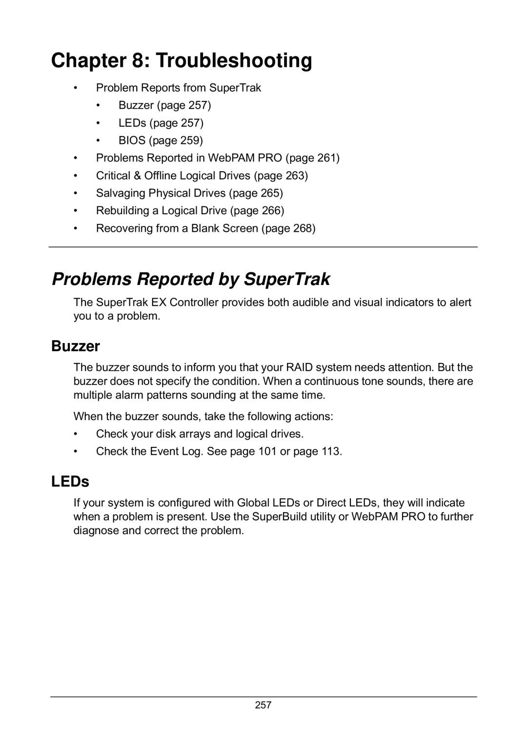 Promise Technology EX4650, EX8658, EX8654, EX8650 manual Problems Reported by SuperTrak, Buzzer, LEDs 