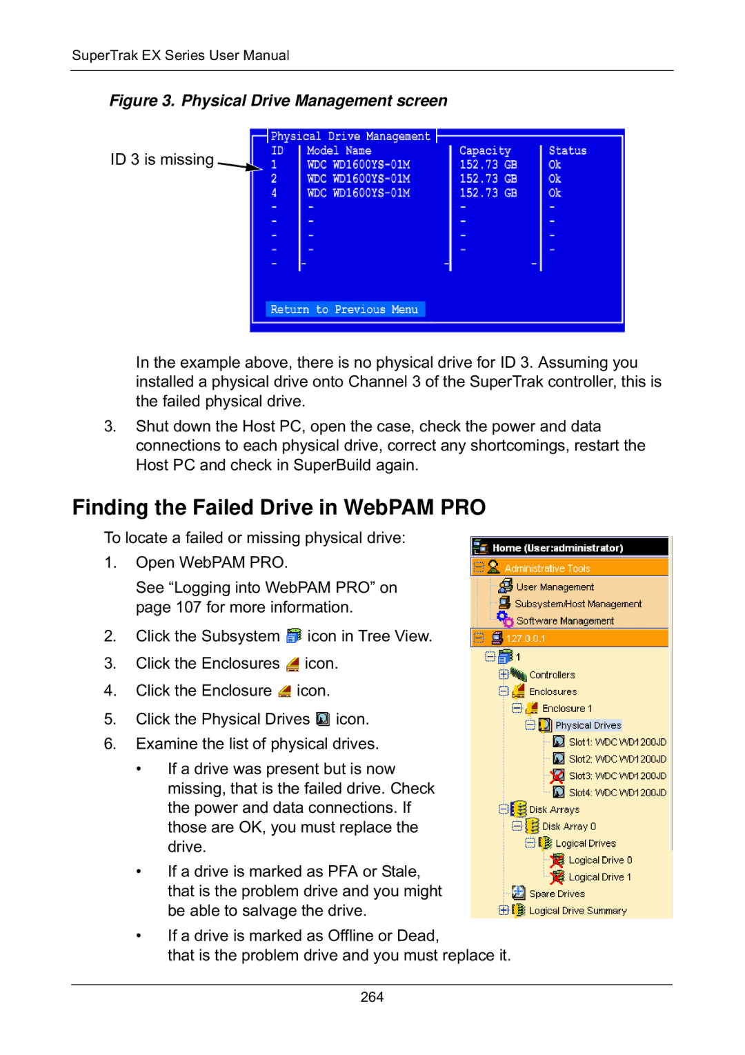 Promise Technology EX8650, EX8658, EX8654, EX4650 Finding the Failed Drive in WebPAM PRO, Physical Drive Management screen 