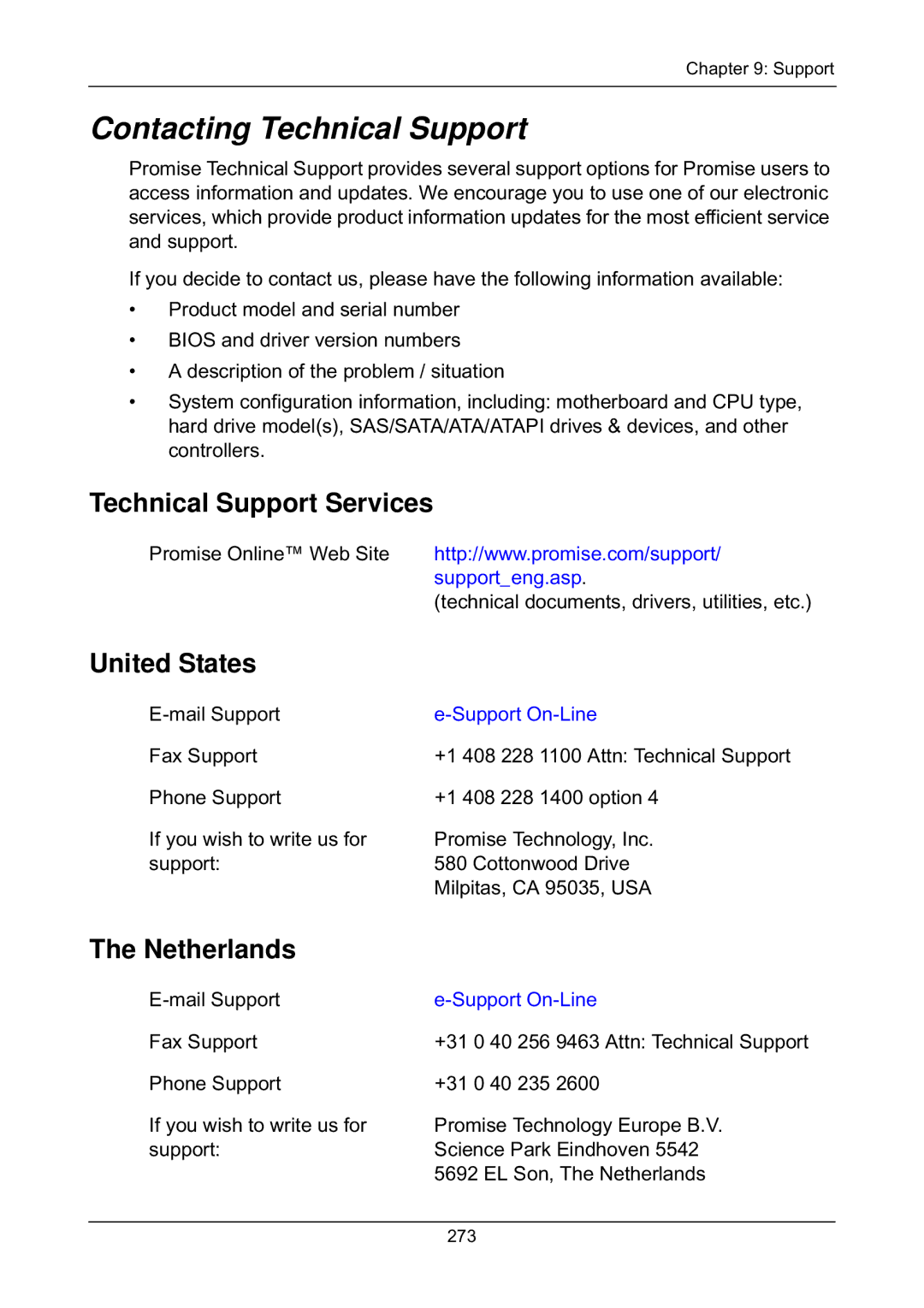 Promise Technology EX4650, EX8658 Contacting Technical Support, Technical Support Services, United States, Netherlands 