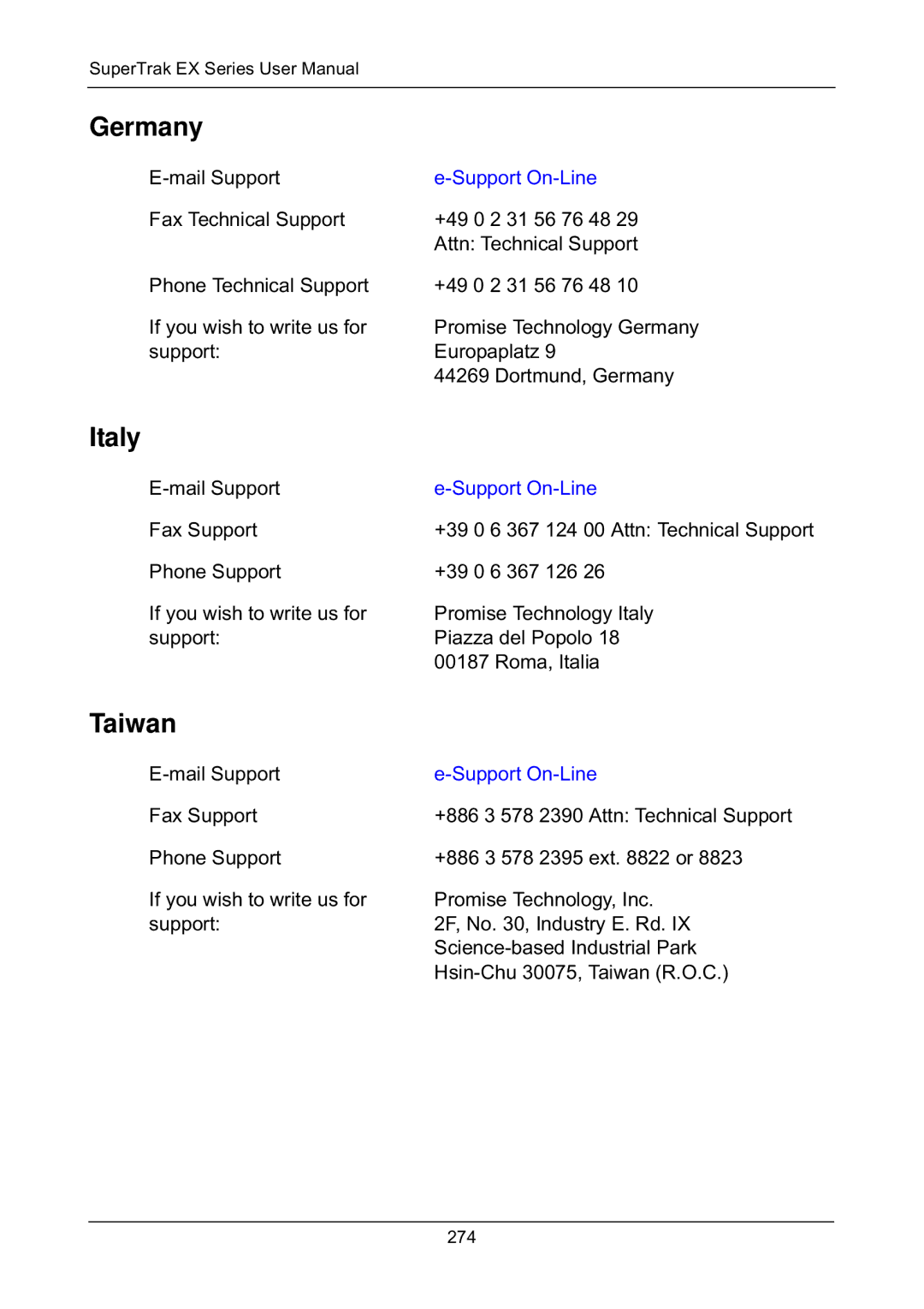 Promise Technology EX8658, EX8654, EX8650, EX4650 manual Germany, Italy, Taiwan 