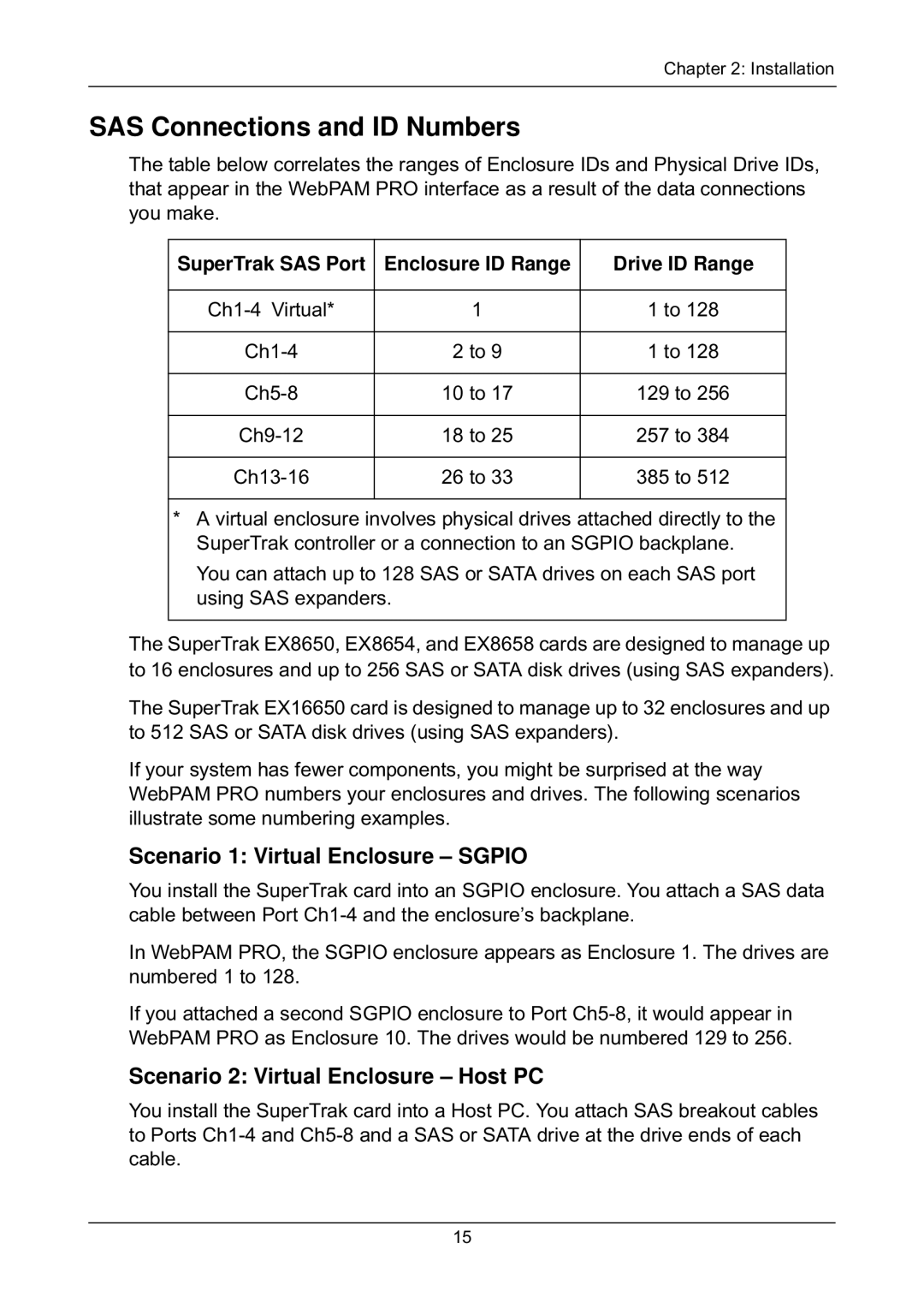 Promise Technology EX8654, EX8658, EX8650, EX4650 manual SAS Connections and ID Numbers, Scenario 1 Virtual Enclosure Sgpio 