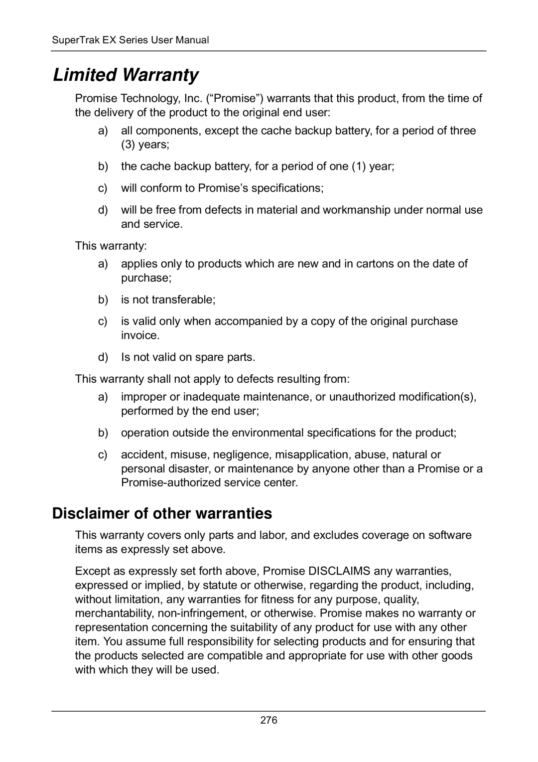 Promise Technology EX8650, EX8658, EX8654, EX4650 manual Limited Warranty, Disclaimer of other warranties 