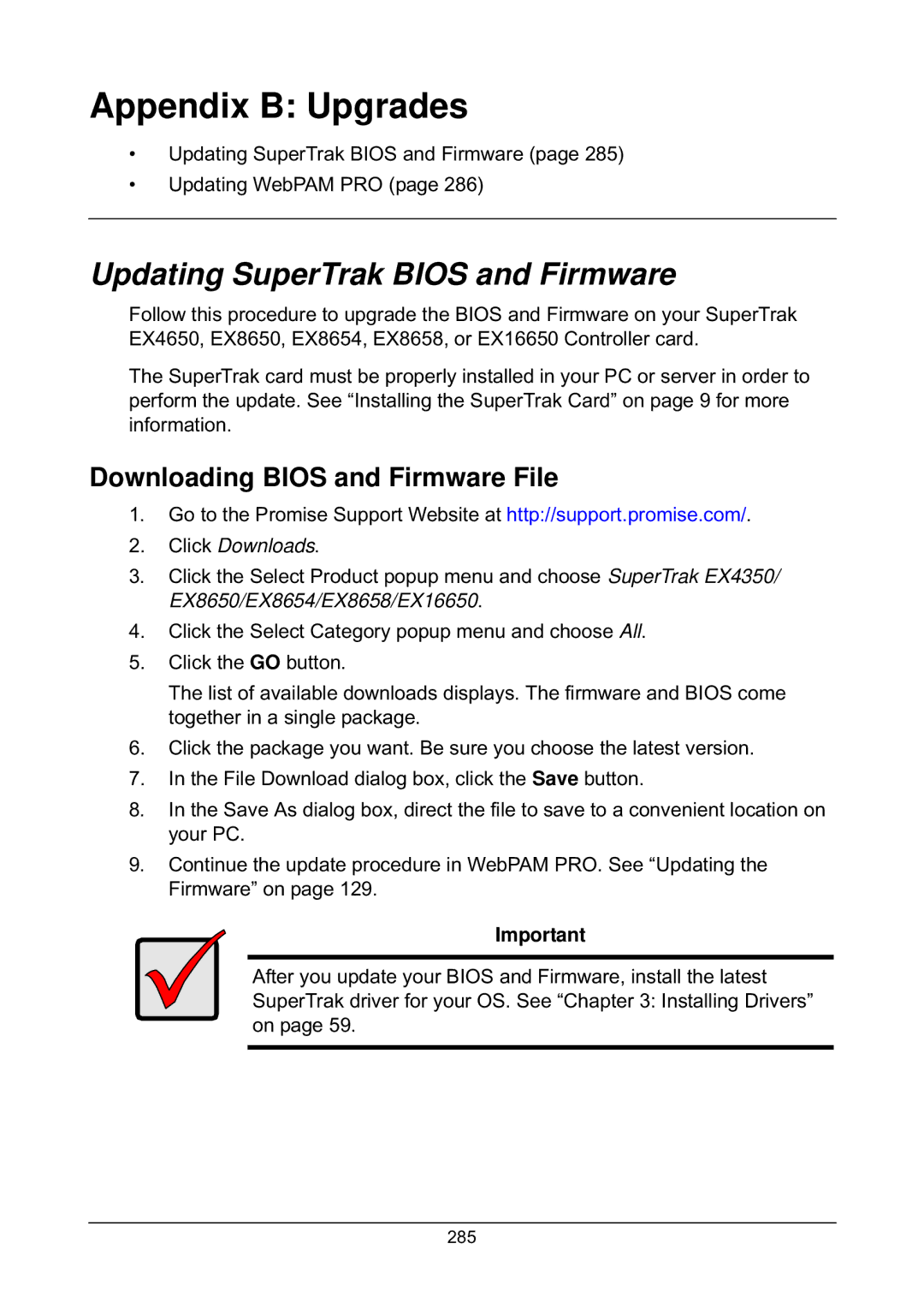 Promise Technology EX4650, EX8658, EX8654, EX8650 Updating SuperTrak Bios and Firmware, Downloading Bios and Firmware File 