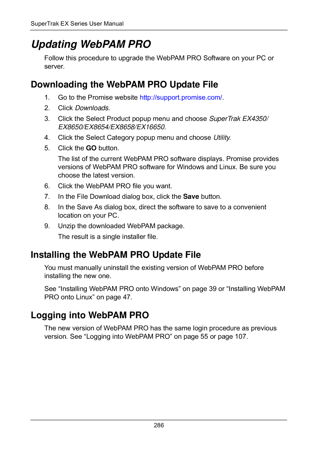 Promise Technology EX8658, EX8654 Updating WebPAM PRO, Downloading the WebPAM PRO Update File, Logging into WebPAM PRO 