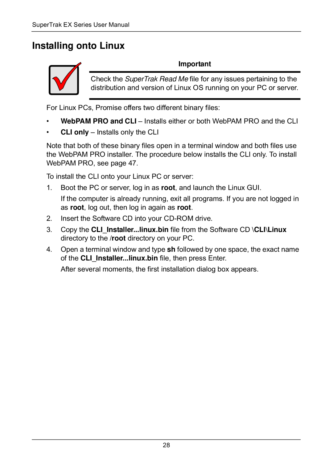 Promise Technology EX8650, EX8658, EX8654, EX4650 manual Installing onto Linux 