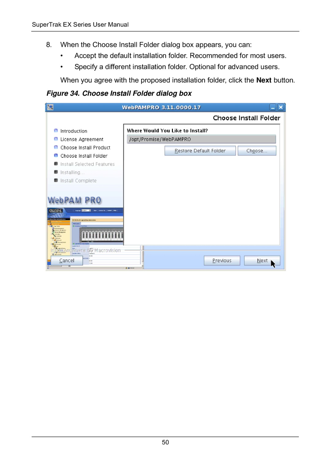 Promise Technology EX8658, EX8654, EX8650, EX4650 manual Choose Install Folder dialog box 