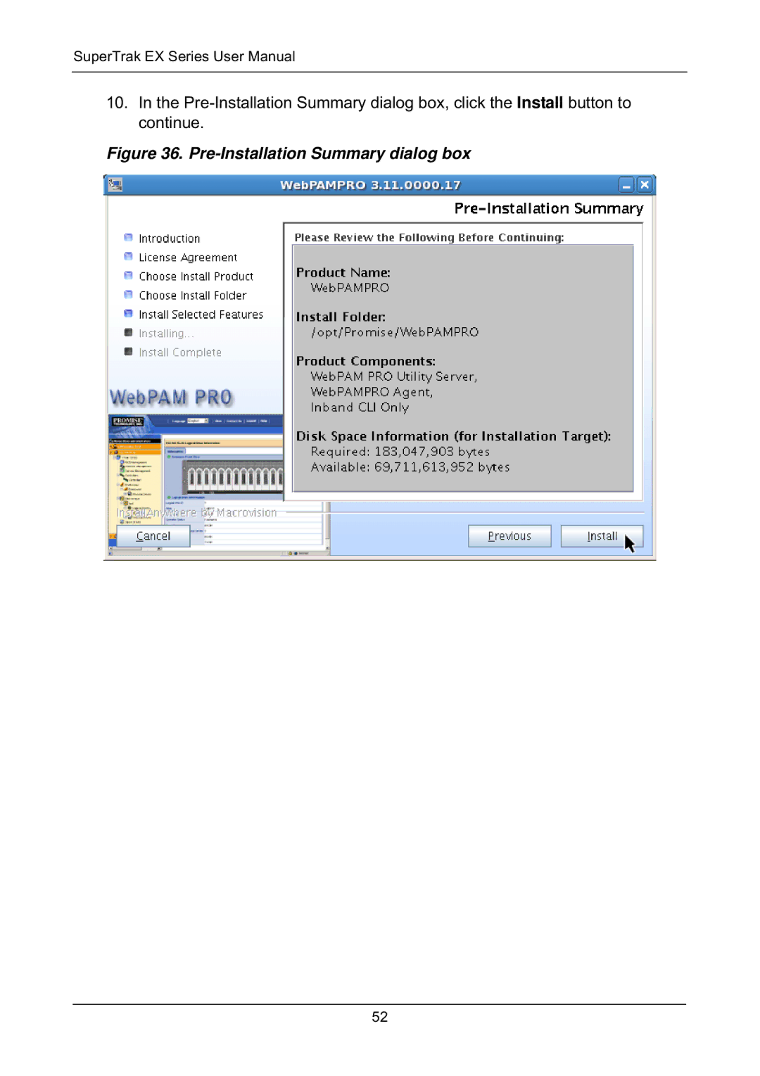 Promise Technology EX8650, EX8658, EX8654, EX4650 manual Pre-Installation Summary dialog box 