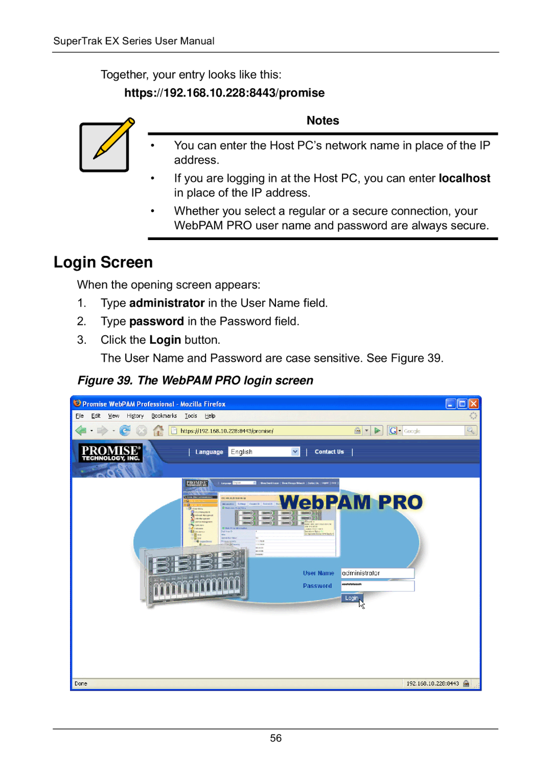 Promise Technology EX8650, EX8658, EX8654, EX4650 manual Login Screen, Https//192.168.10.2288443/promise 