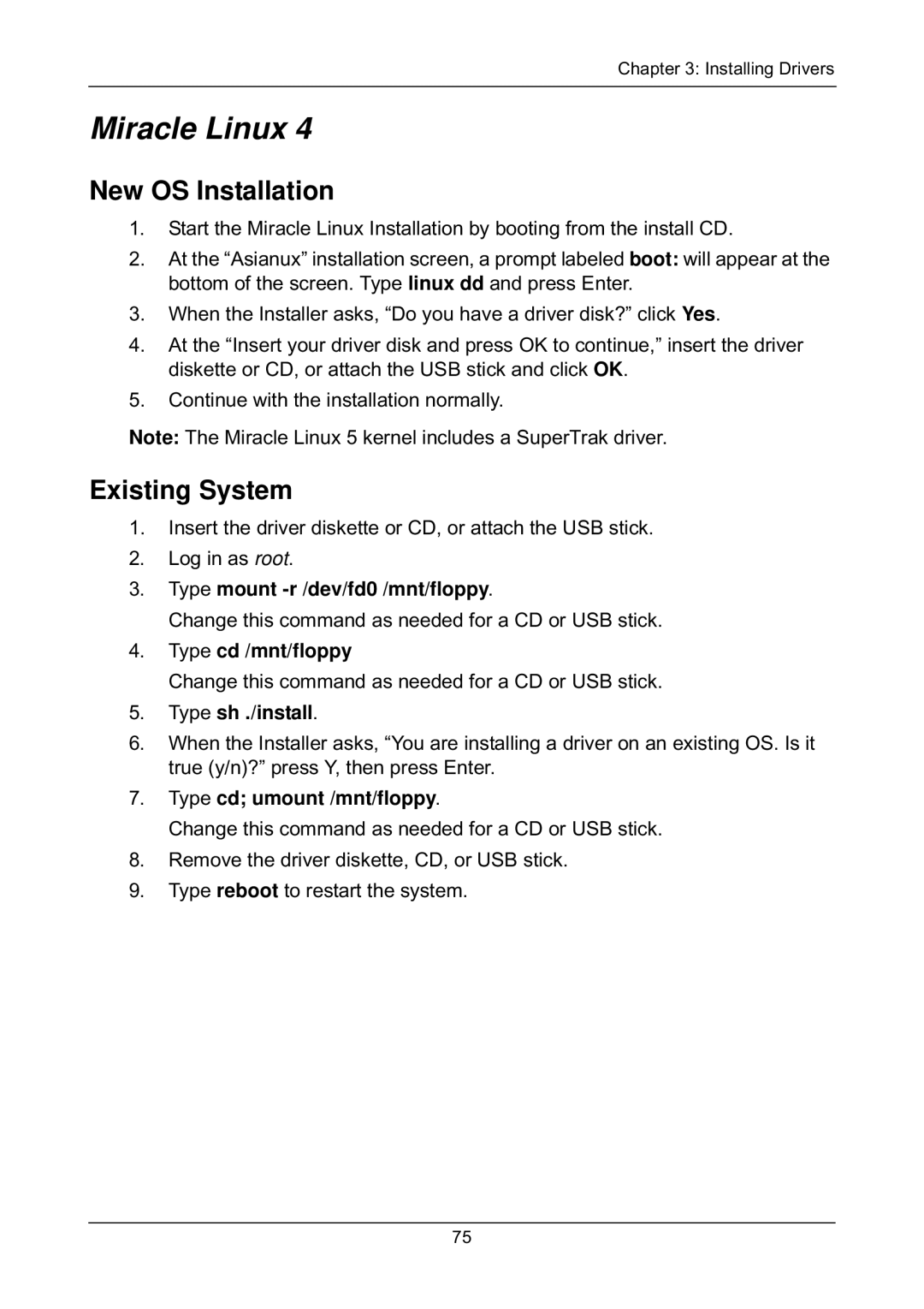 Promise Technology EX8654, EX8658, EX8650, EX4650 manual Miracle Linux, Type mount -r /dev/fd0 /mnt/floppy 