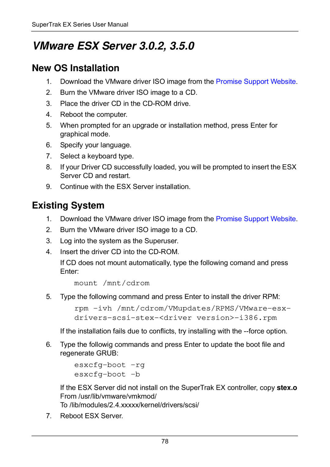 Promise Technology EX8658, EX8654, EX8650, EX4650 manual VMware ESX Server 3.0.2, Esxcfg-boot -rg esxcfg-boot -b 