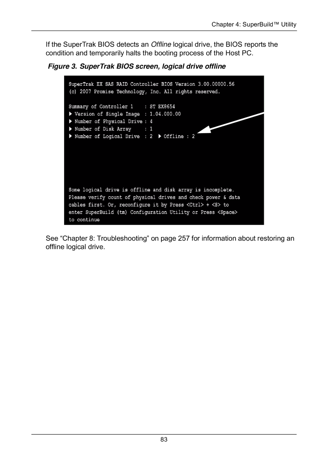 Promise Technology EX8654, EX8658, EX8650, EX4650 manual SuperTrak Bios screen, logical drive offline 