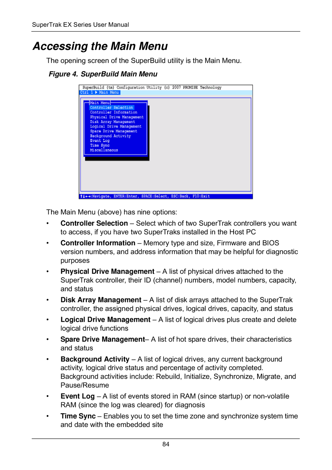 Promise Technology EX8650, EX8658, EX8654, EX4650 manual Accessing the Main Menu, SuperBuild Main Menu 