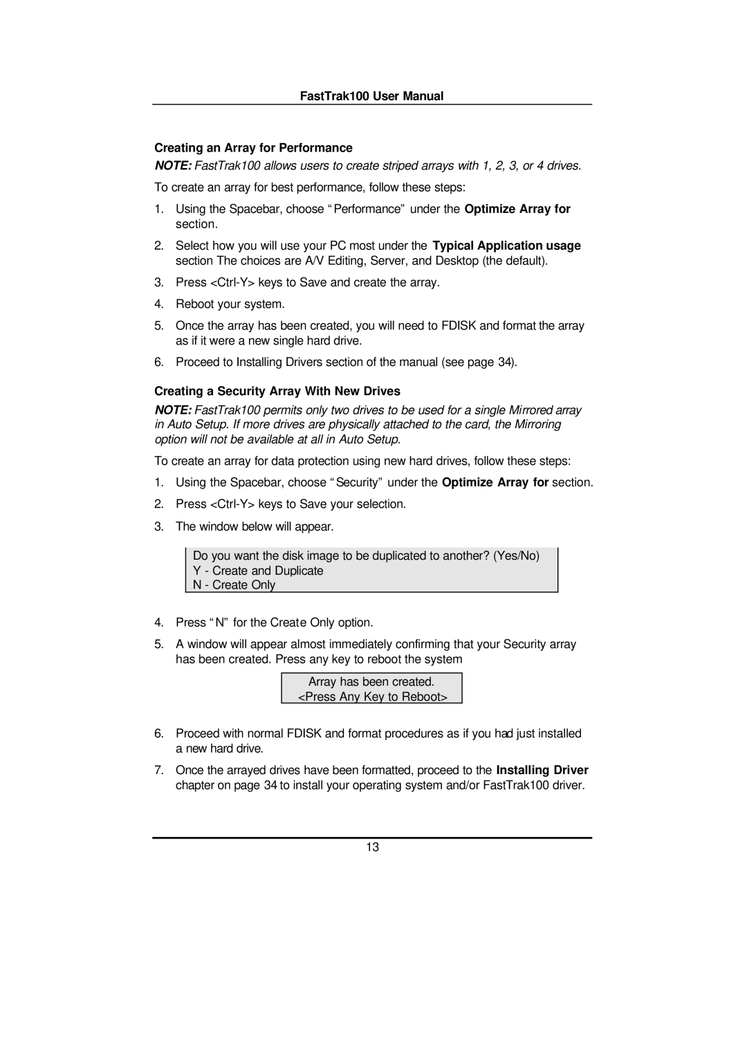 Promise Technology FAST TRAK100TM user manual Creating an Array for Performance, Creating a Security Array With New Drives 