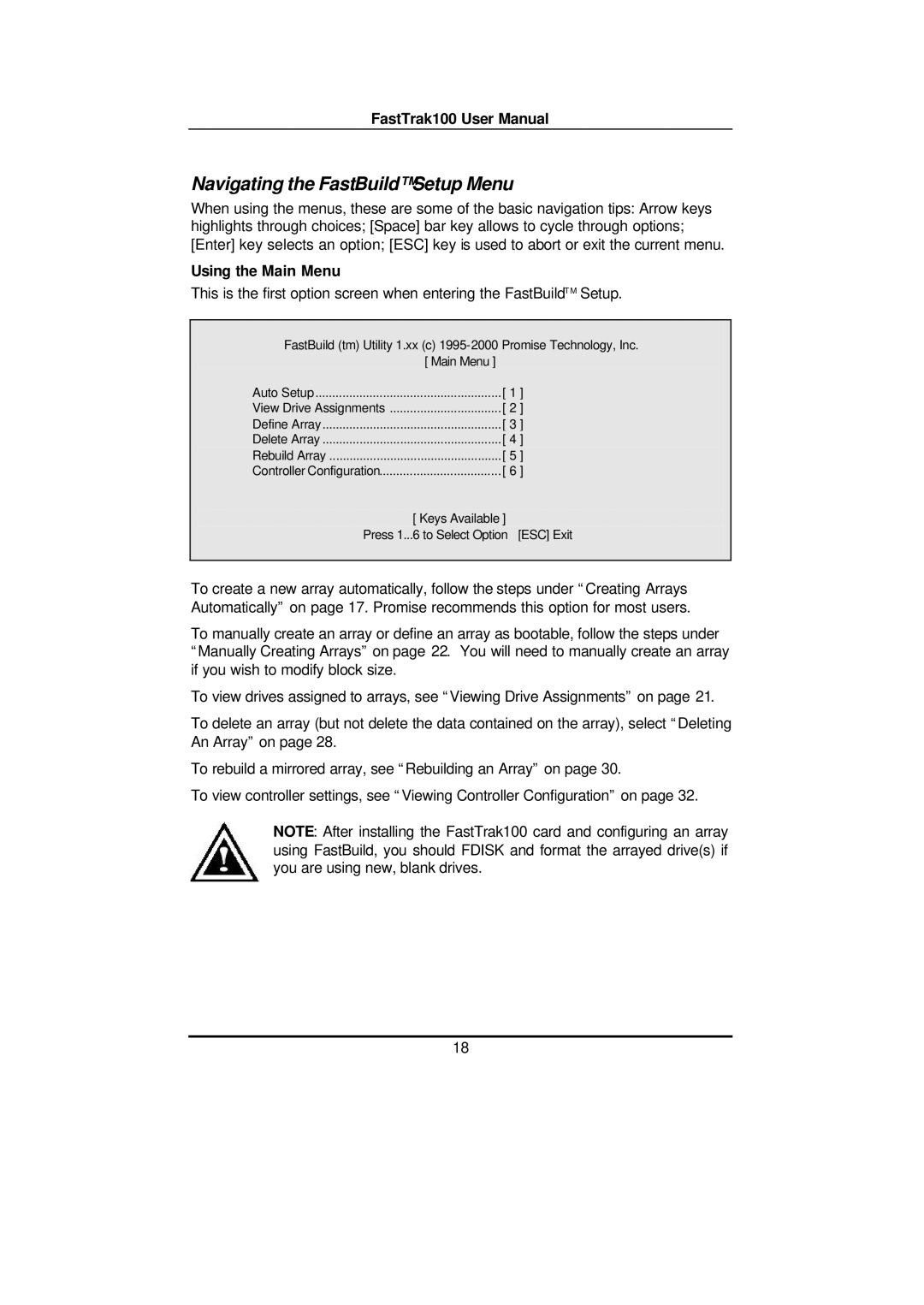 Promise Technology FAST TRAK100TM user manual Navigating the FastBuild Setup Menu, Using the Main Menu 