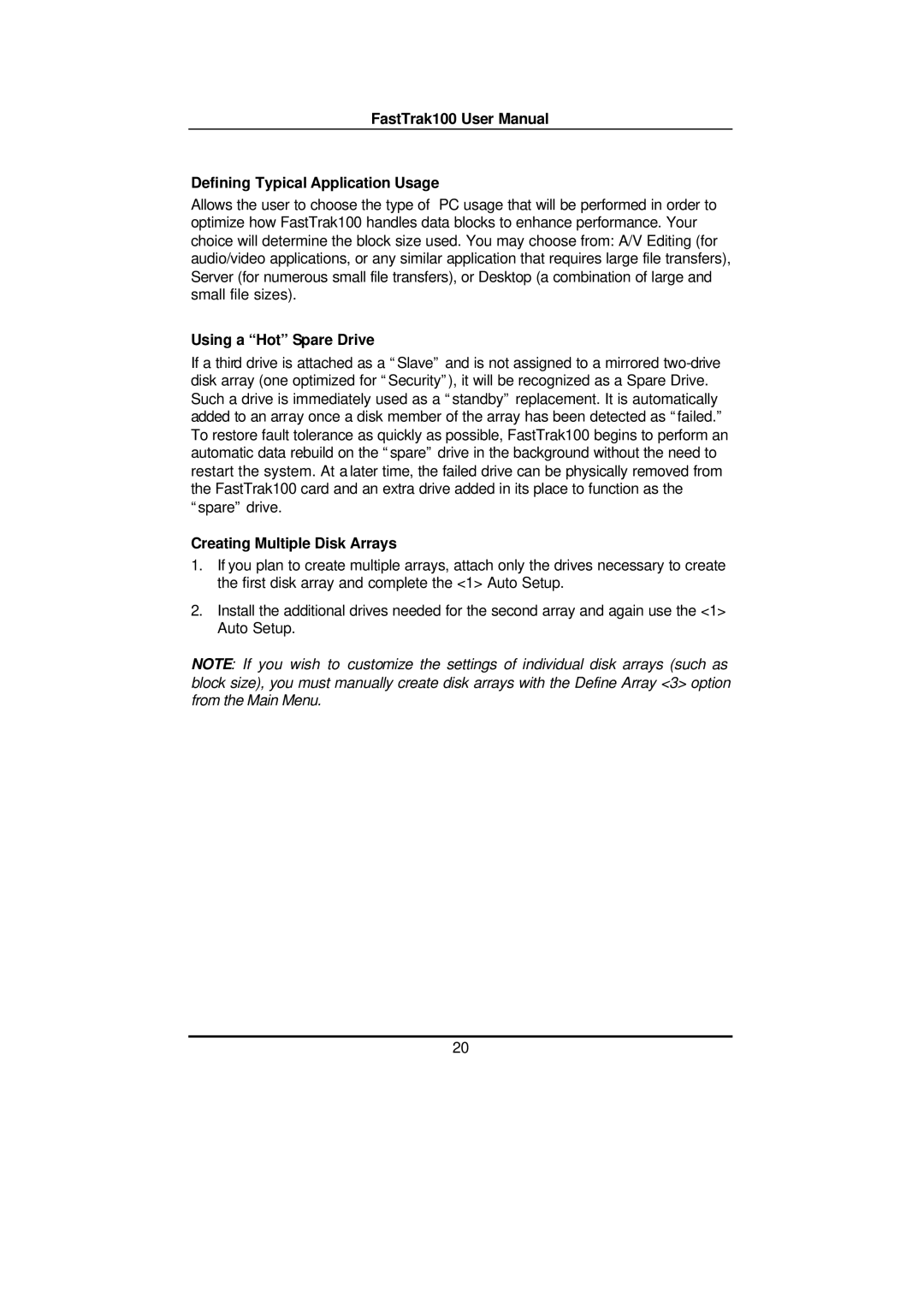 Promise Technology FAST TRAK100TM user manual Defining Typical Application Usage, Using a Hot Spare Drive 