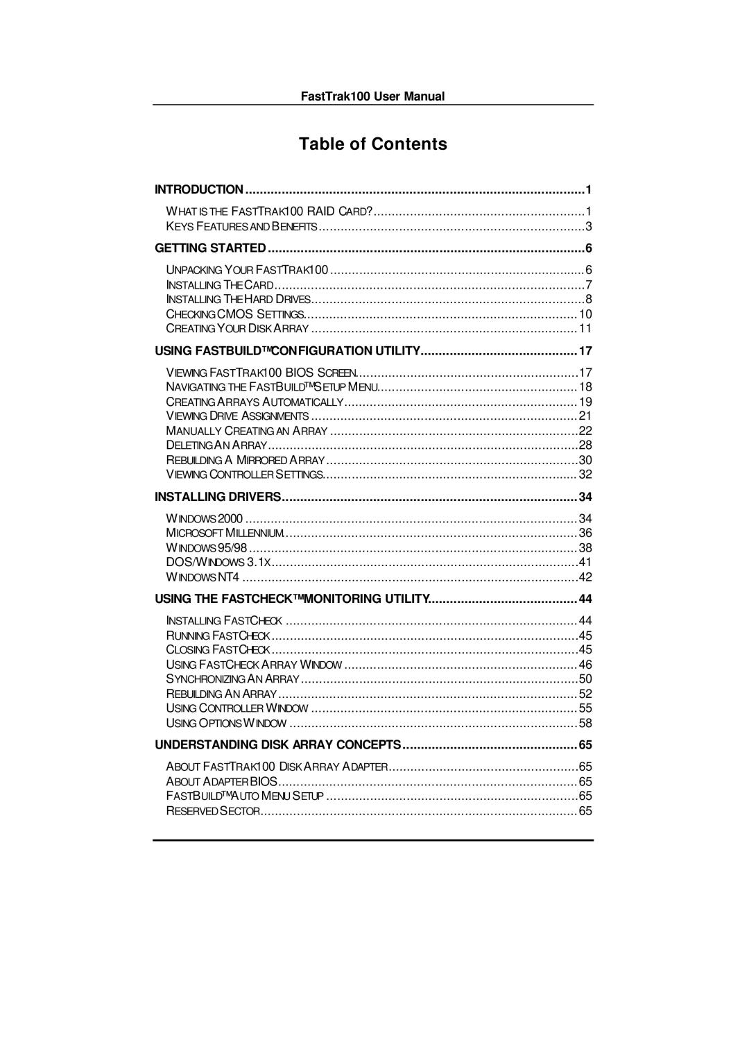 Promise Technology FAST TRAK100TM user manual Table of Contents 