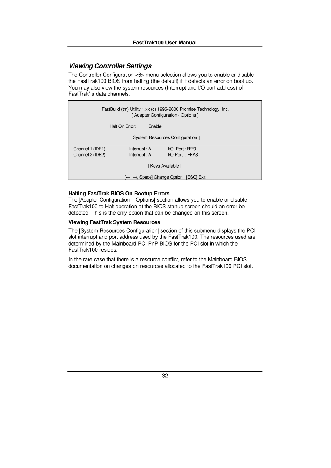 Promise Technology FAST TRAK100TM user manual Viewing Controller Settings, Halting FastTrak Bios On Bootup Errors 