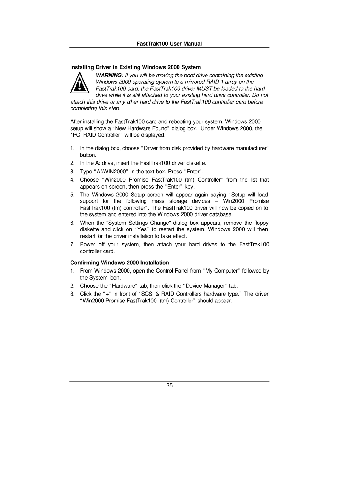 Promise Technology FAST TRAK100TM Installing Driver in Existing Windows 2000 System, Confirming Windows 2000 Installation 