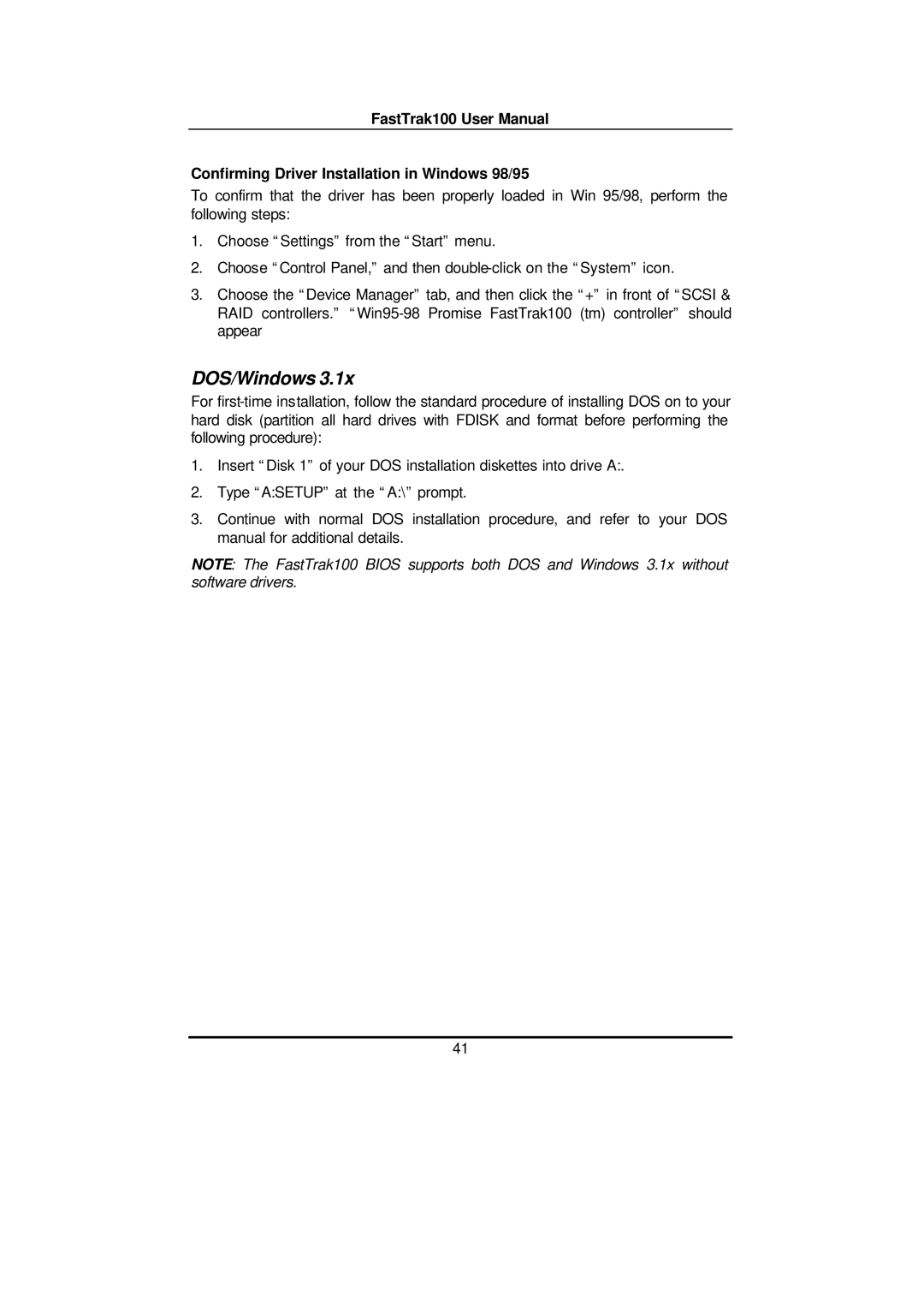 Promise Technology FAST TRAK100TM user manual DOS/Windows, Confirming Driver Installation in Windows 98/95 