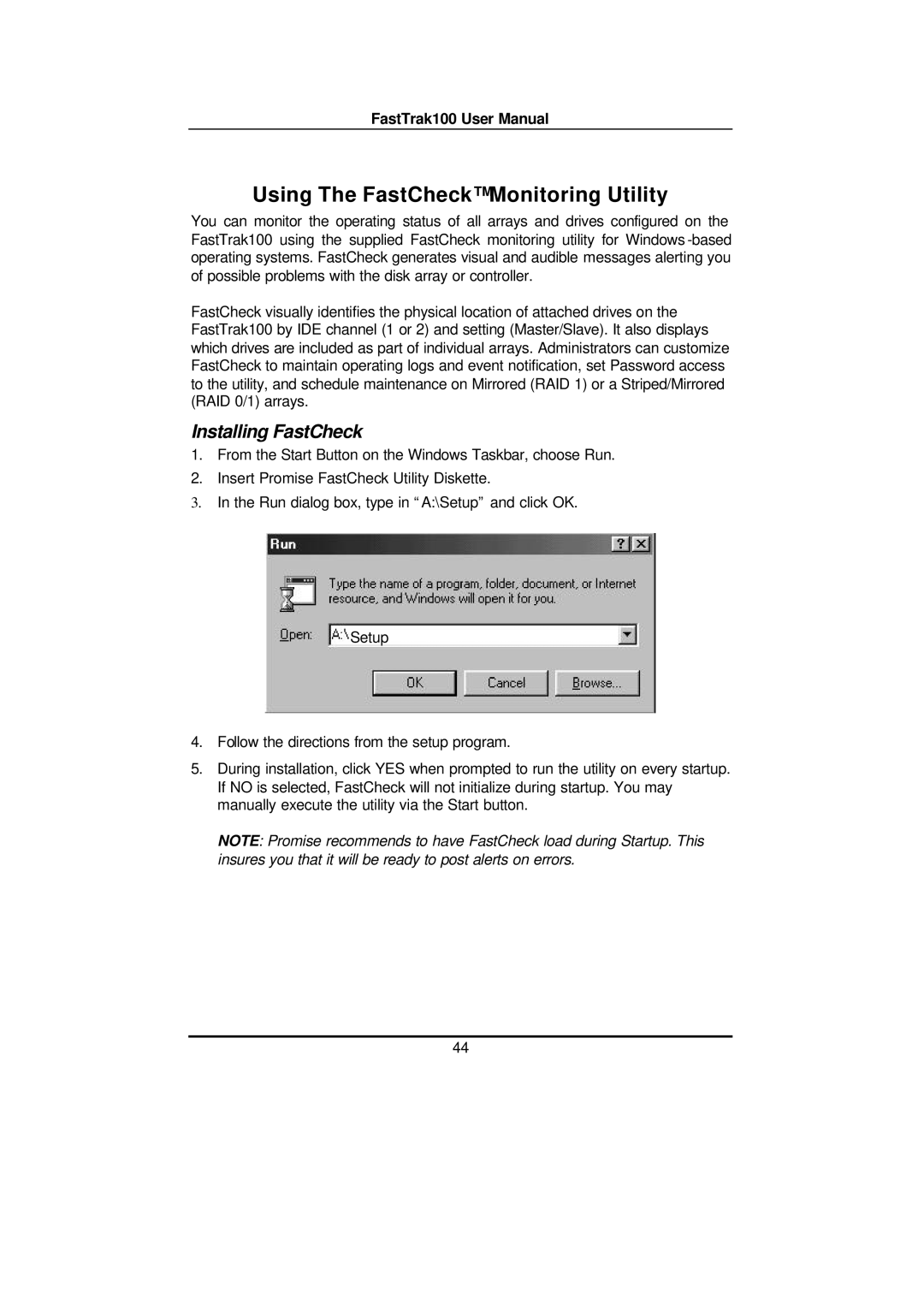 Promise Technology FAST TRAK100TM user manual Using The FastCheck Monitoring Utility, Installing FastCheck 