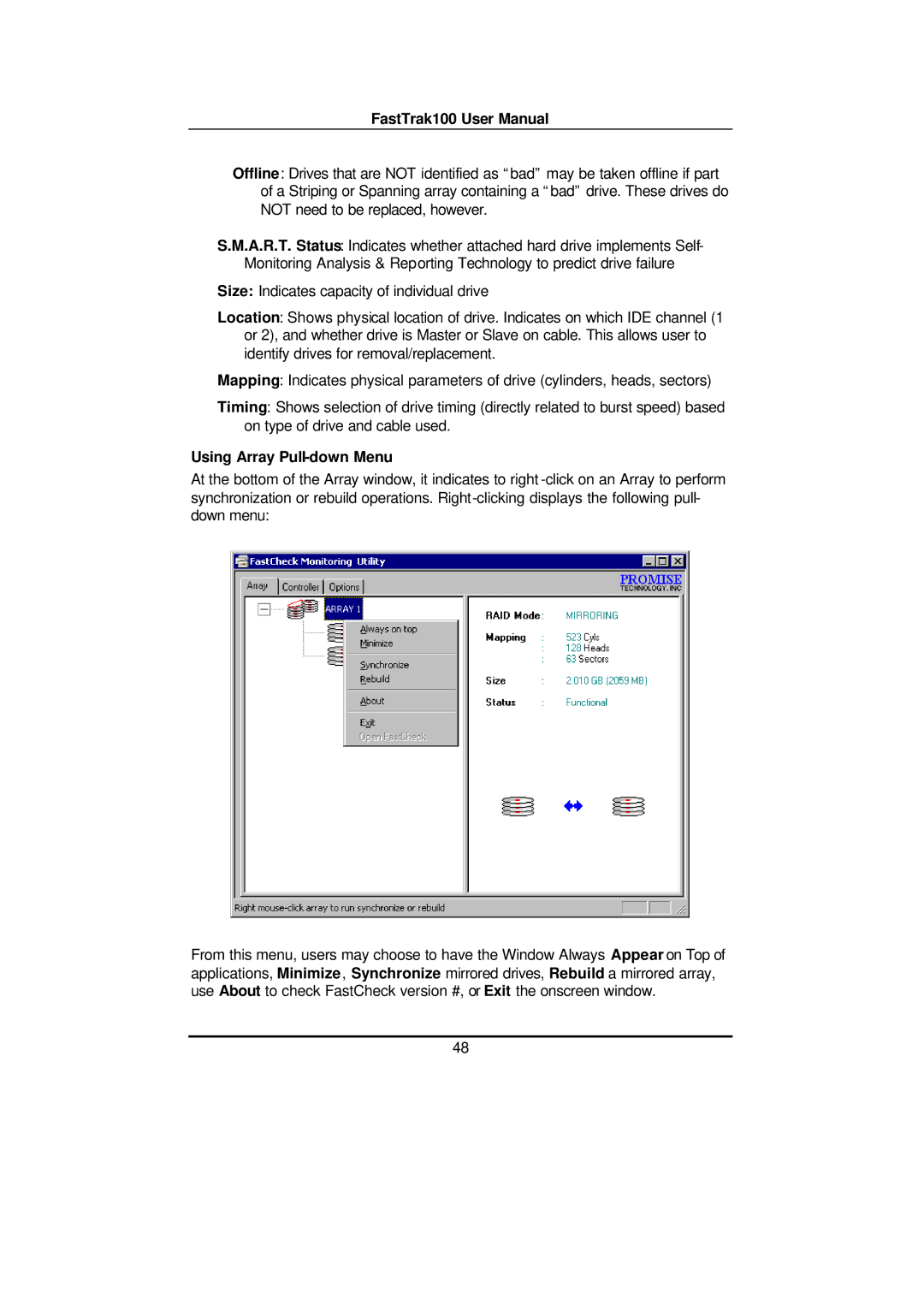 Promise Technology FAST TRAK100TM user manual Using Array Pull-down Menu 