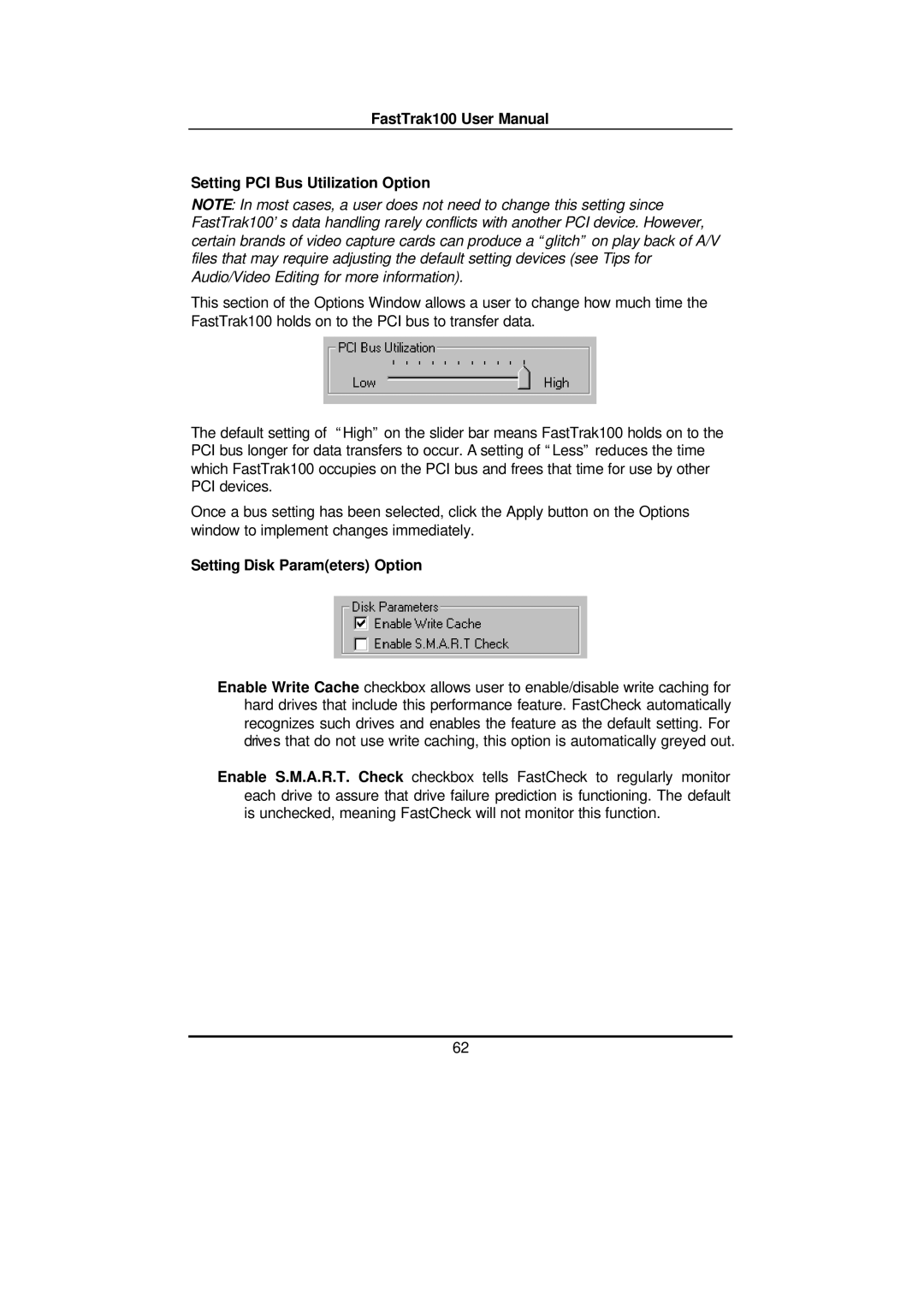 Promise Technology FAST TRAK100TM user manual Setting PCI Bus Utilization Option, Setting Disk Parameters Option 