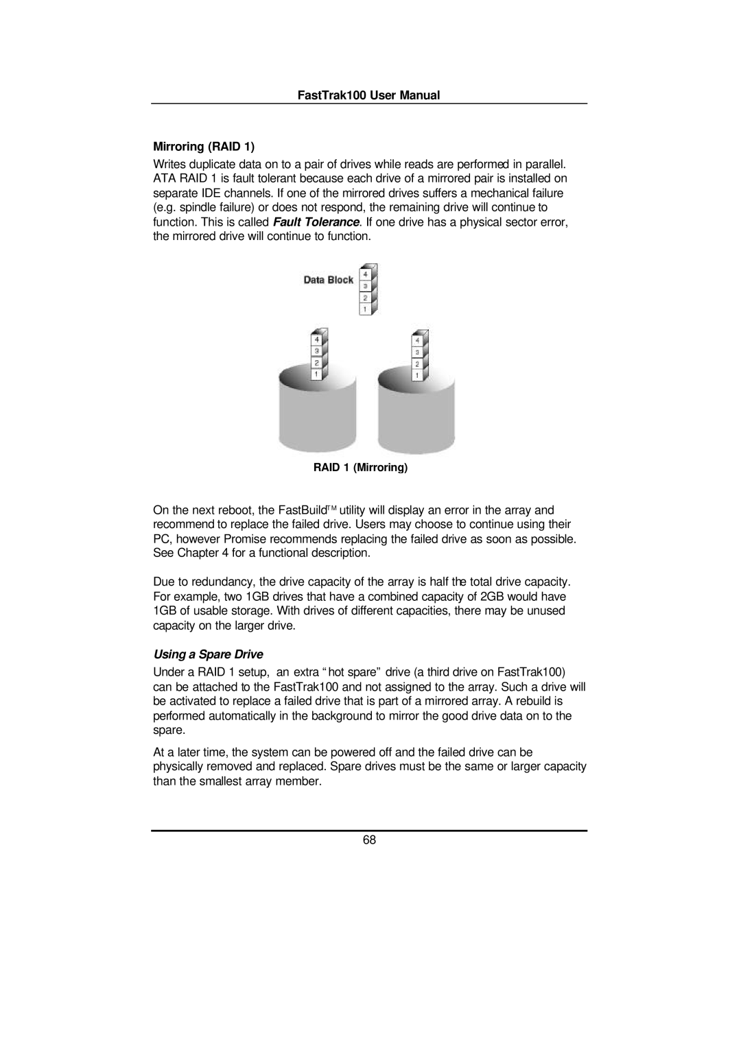 Promise Technology FAST TRAK100TM user manual Mirroring RAID, Using a Spare Drive 