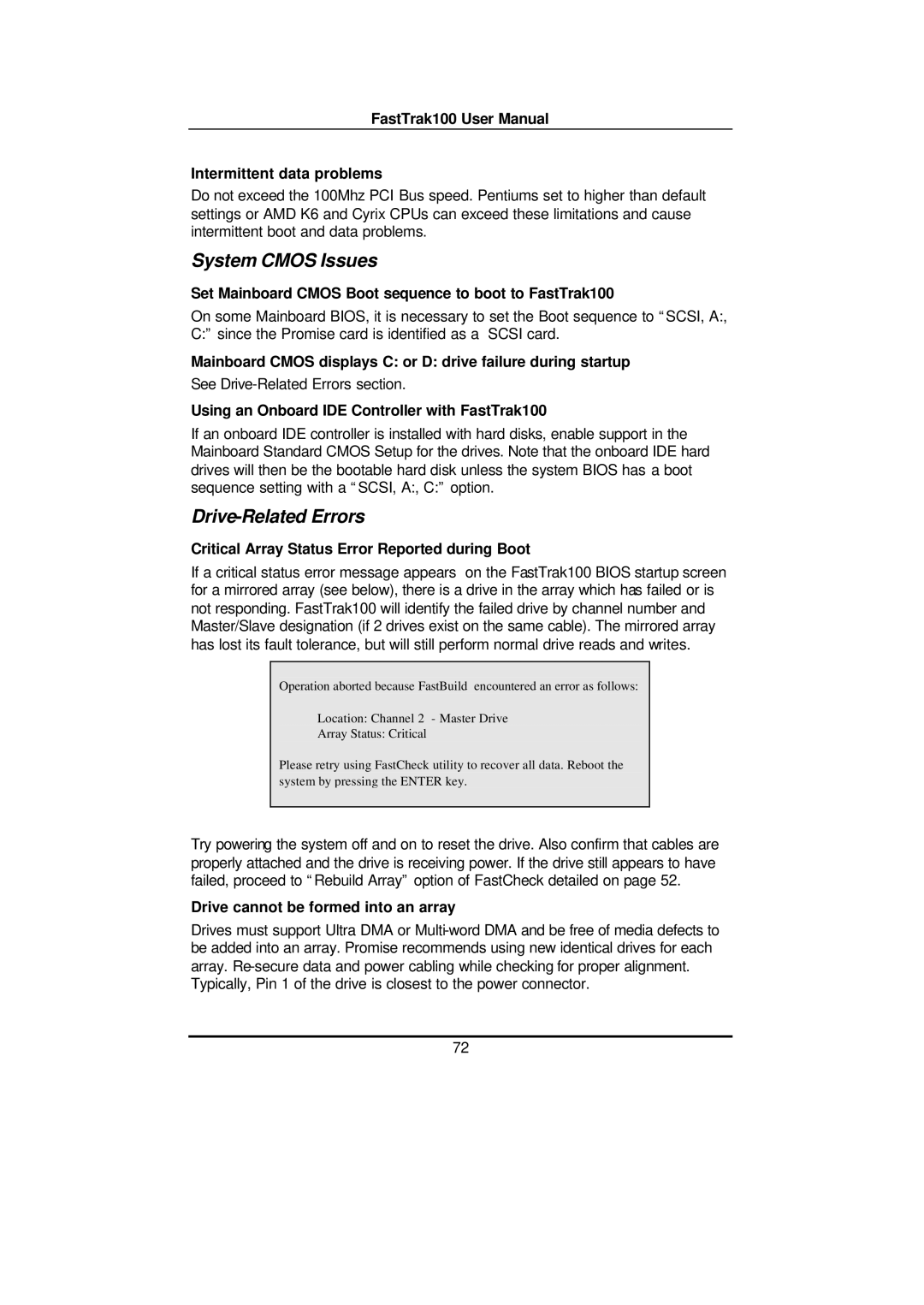 Promise Technology FAST TRAK100TM user manual System Cmos Issues, Drive-Related Errors 