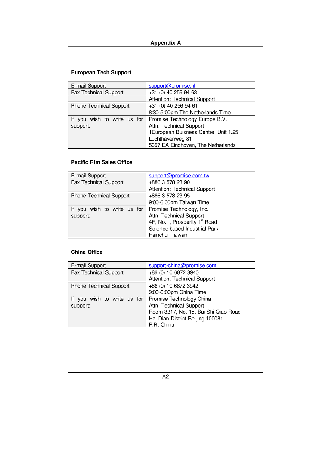 Promise Technology FAST TRAK100TM user manual Appendix a European Tech Support, Pacific Rim Sales Office, China Office 