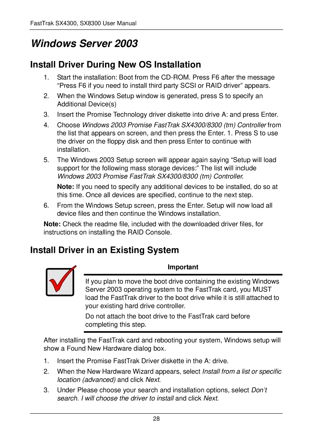 Promise Technology FASTTRAK SX4300, SX8300 user manual Windows Server, Install Driver During New OS Installation 