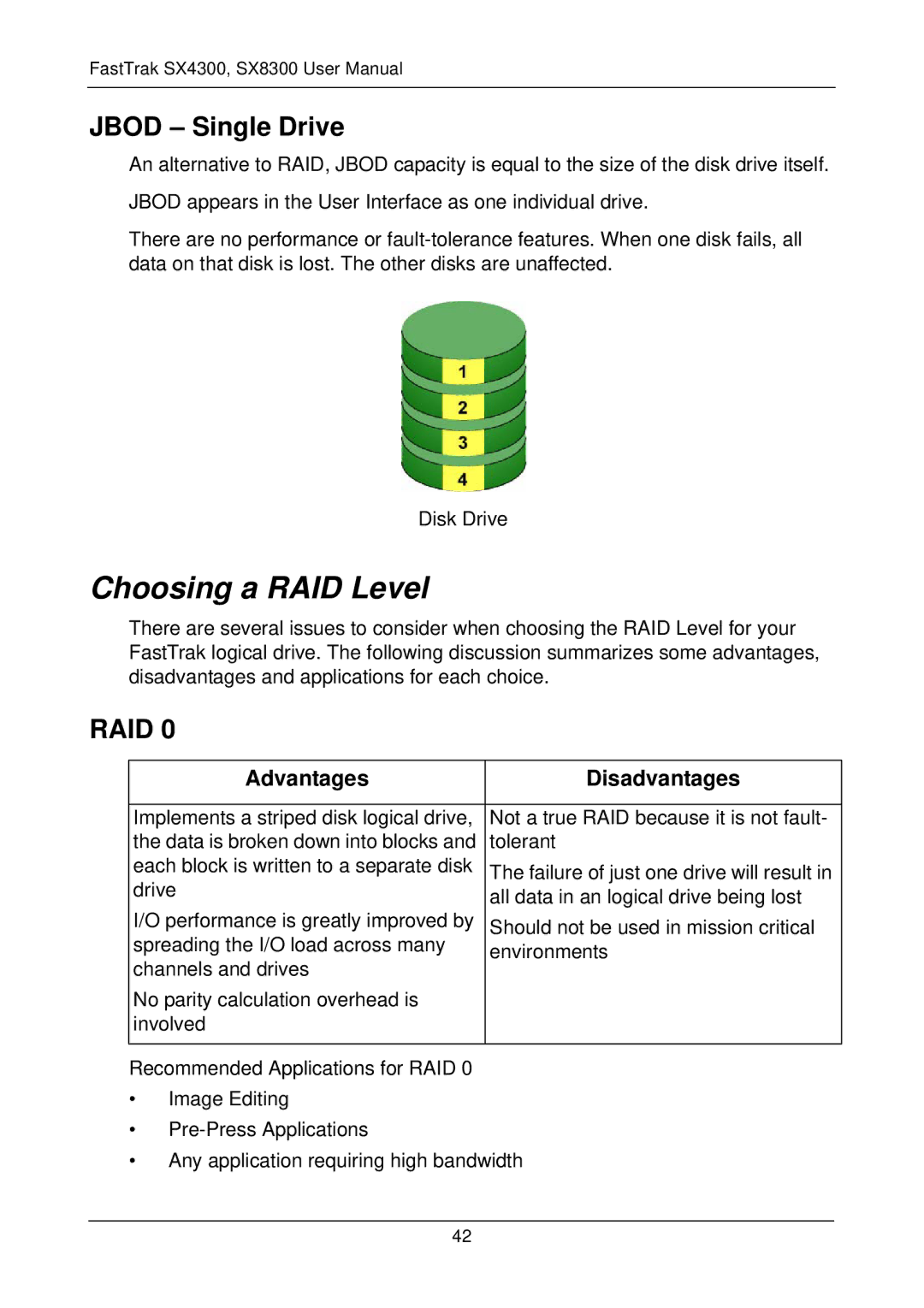 Promise Technology FASTTRAK SX4300, SX8300 user manual Choosing a RAID Level, Jbod Single Drive, Advantages Disadvantages 