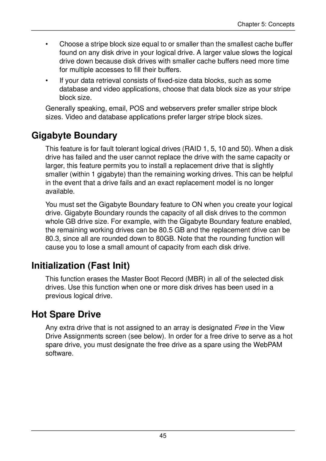 Promise Technology SX8300, FASTTRAK SX4300 user manual Gigabyte Boundary, Initialization Fast Init, Hot Spare Drive 