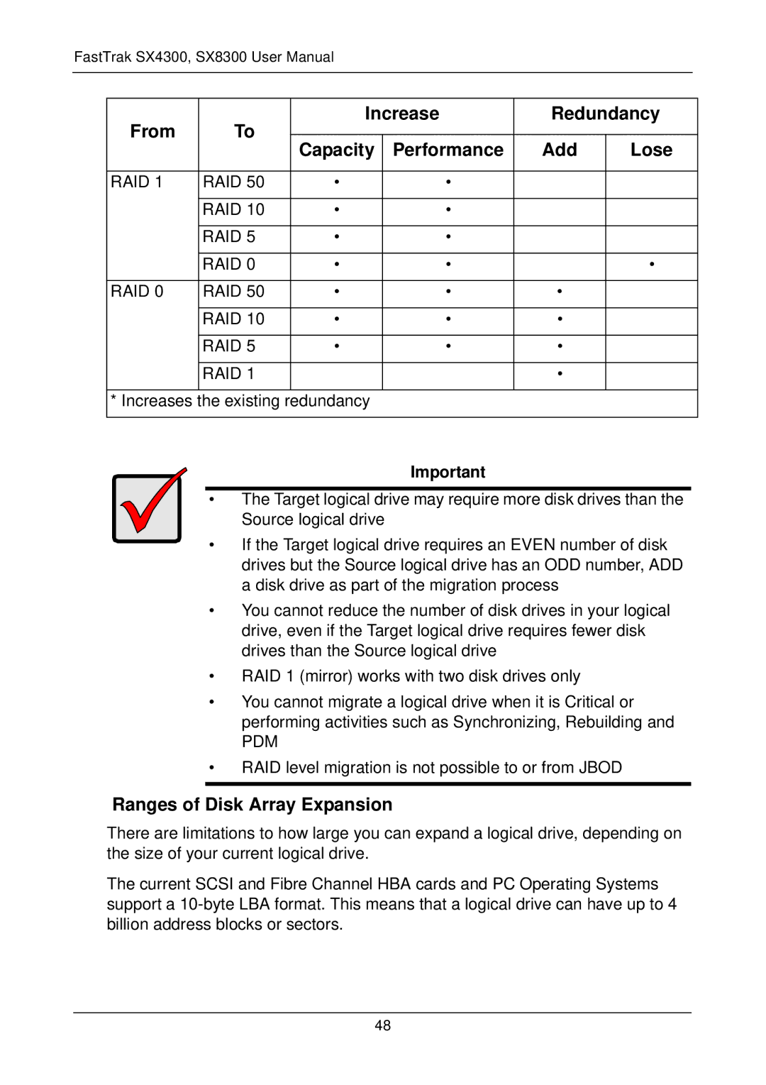 Promise Technology FASTTRAK SX4300, SX8300 user manual Ranges of Disk Array Expansion 