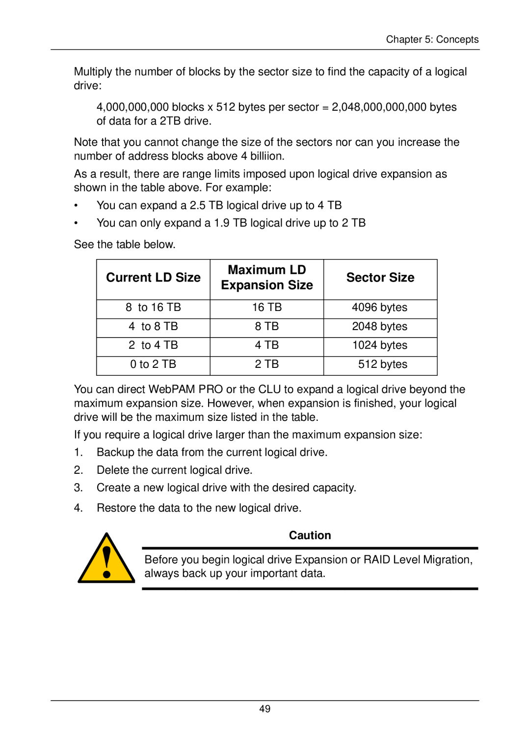 Promise Technology SX8300, FASTTRAK SX4300 user manual Current LD Size Maximum LD Sector Size Expansion Size 