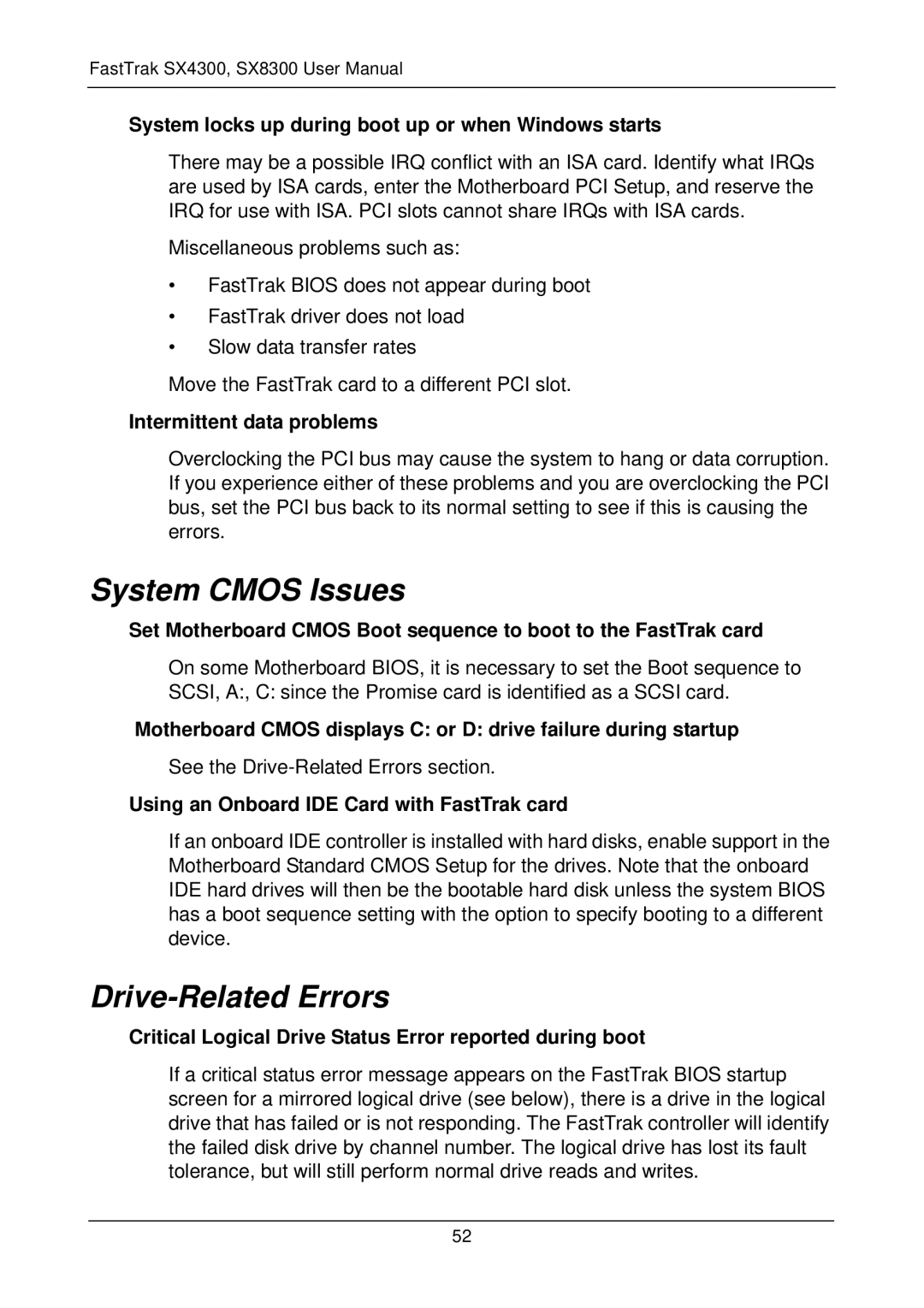 Promise Technology FASTTRAK SX4300, SX8300 user manual System Cmos Issues, Drive-Related Errors 