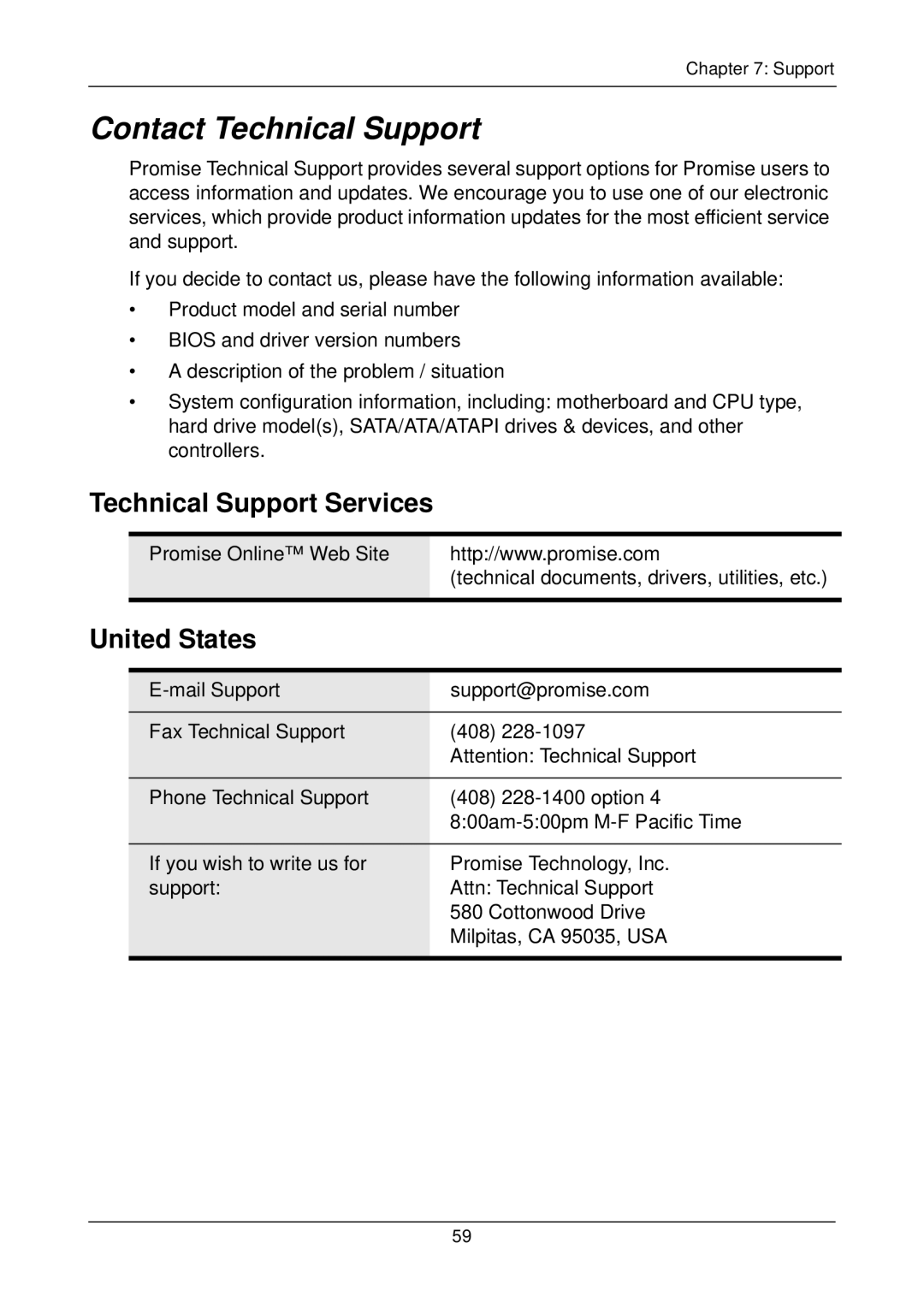 Promise Technology SX8300, FASTTRAK SX4300 user manual Contact Technical Support, Technical Support Services, United States 