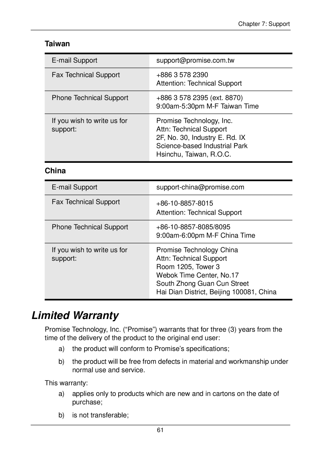 Promise Technology SX8300, FASTTRAK SX4300 user manual Limited Warranty, Taiwan, China 