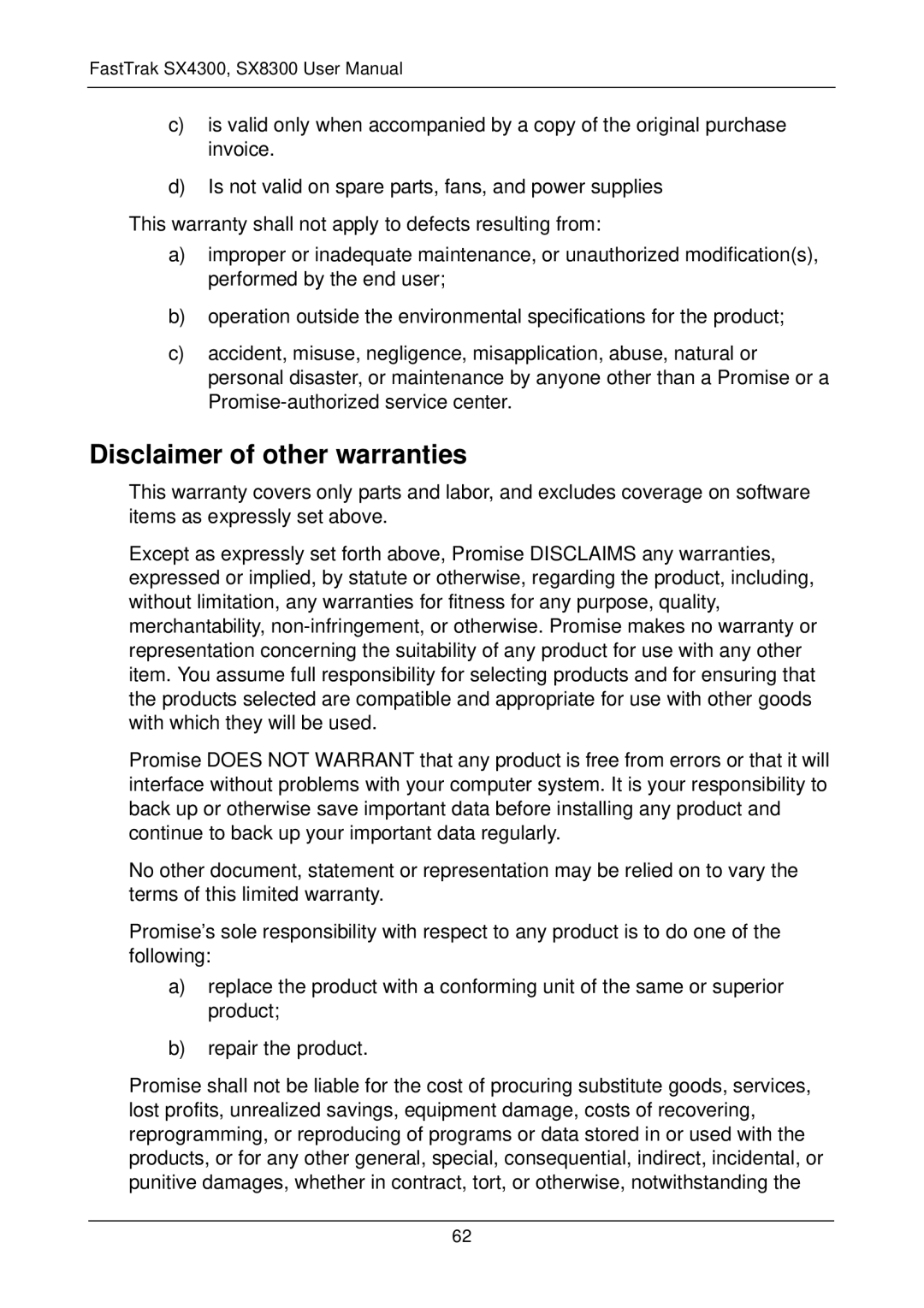 Promise Technology FASTTRAK SX4300, SX8300 user manual Disclaimer of other warranties 