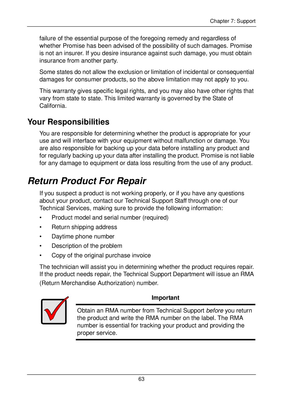 Promise Technology SX8300, FASTTRAK SX4300 user manual Return Product For Repair, Your Responsibilities 