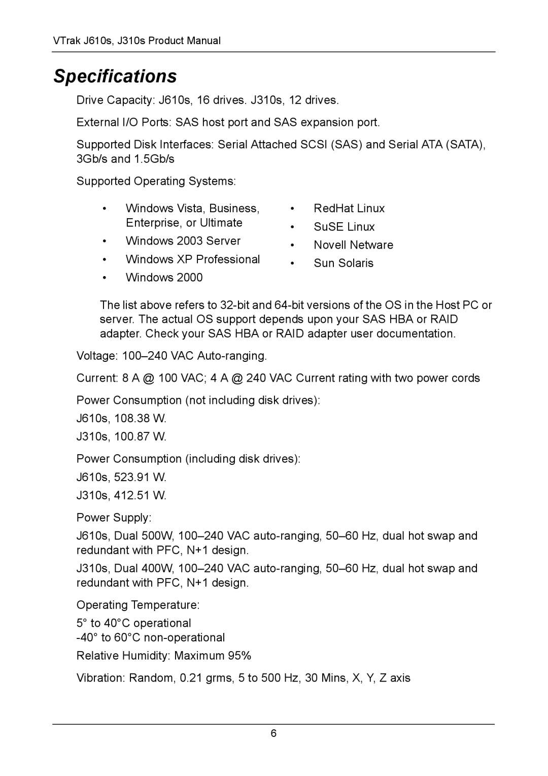 Promise Technology J610S, J310S manual Specifications 