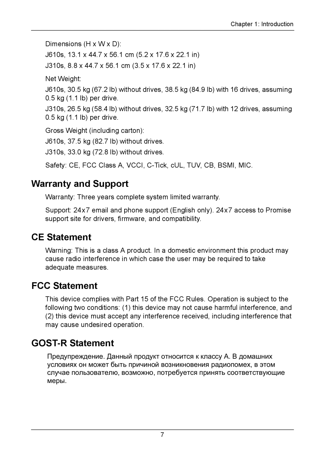 Promise Technology J310S, J610S manual Warranty and Support, CE Statement FCC Statement, GOST-R Statement 